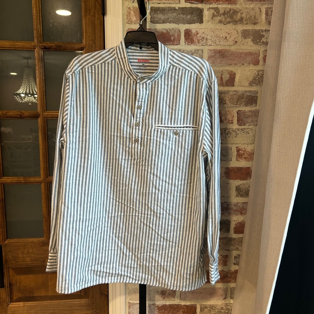 RailRiders Henley Shirt Mens Blue White Striped Banded Collar Pocket Med
